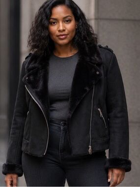 Zara fur-lined and fur-trimmed biker jacket XL